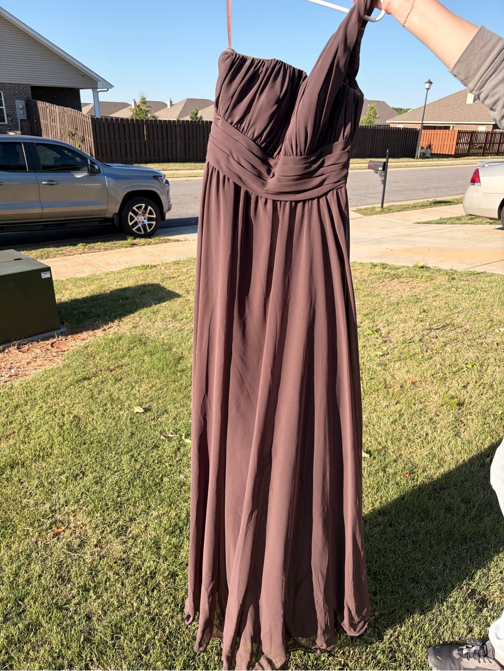 Strapless Brown Chiffon Maxi Dress with Ruched Bodice
